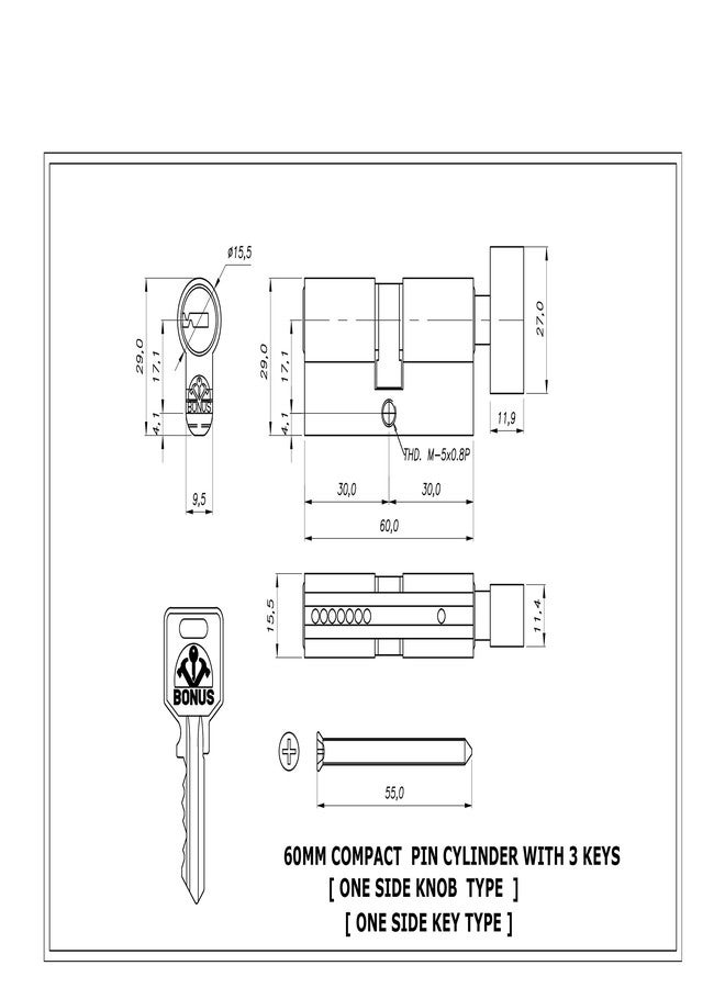 Bonus:- Compact Profile 6 Pin Cylinder (60mm One Side Key, Brush Brass) - Image 2